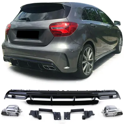 Productafbeelding van Stootbalk + uitlaatuiteinden, 4-delig, chroom, voor Mercedes-Benz A-klasse, modeljaren 2015/07 - 2018/05