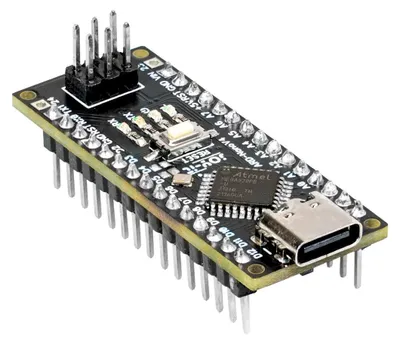 A close-up, angled view of an Arduino Nano V4 development board with a USB-C connector.