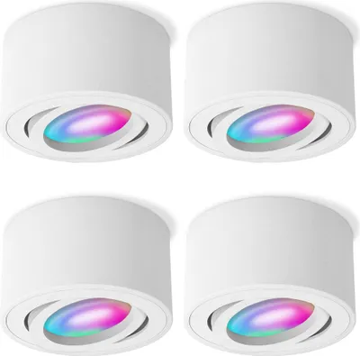Four white cylindrical ceiling lights with colorful LED lights visible inside.
