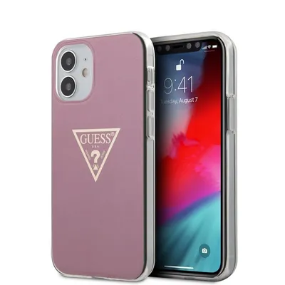 A pink iPhone 12 mini case with the Guess logo is shown next to an iPhone 12 mini.