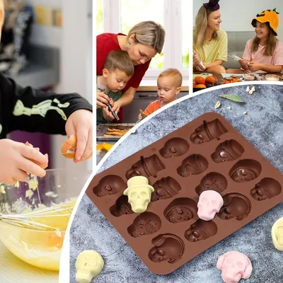 Produktbild von 3D-Silikonform mit Totenkopf-Motiven, antihaftbeschichtet, 16 Kavitäten für Halloween-Süßigkeiten, Gummibärchen, Fondant, Kekse, Muffins, Eisbälle und Cupcakes
