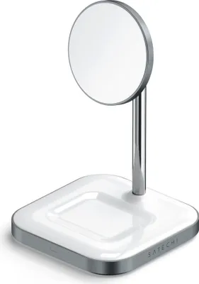 A white and silver Satechi 2-in-1 magnetic wireless charging stand is shown against a white background.