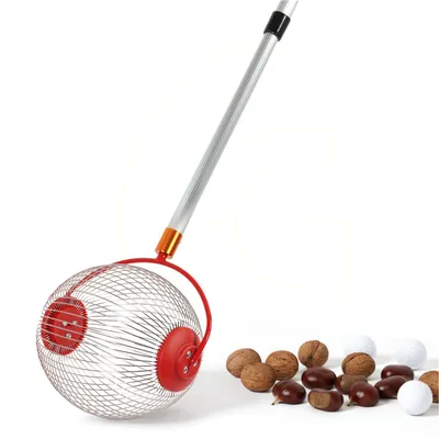 A nut collector tool with a telescopic handle and a pile of nuts and golf balls.