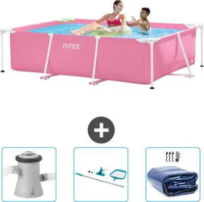 Produktbild von Intex-Schwimmbecken mit rechteckigem Rahmen – 220 x 150 x 60 cm – Rosa – im Lieferumfang enthalten Filterpumpe für Schwimmbad - Reinigungskit - Sonnensegel