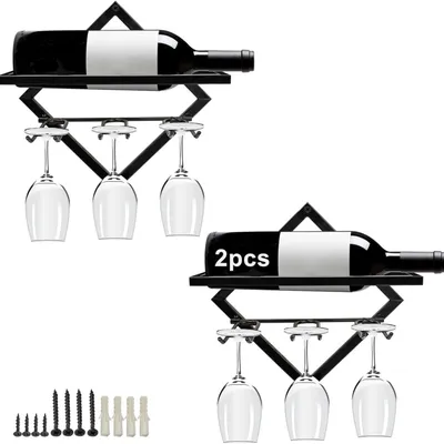 Produktbild von Weinflaschenhalter mit Weinglashalter 2pcs Metall Wandmontierter Weinhalter Stemware Glass Rack Zusammenklappbarer Wandbehang Rotweinregal Schwarz