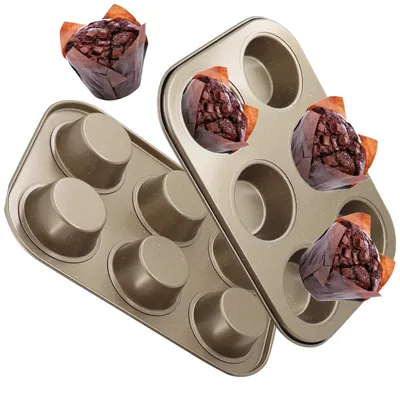 Immagine prodotto di Set da 2 stampi per muffin, in acciaio premium, con rivestimento antiaderente, 6 cavità per stampo, color oro