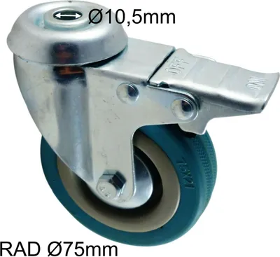 Produktbild von Lenkrolle 75 mm Apparaterolle Vollgummi mit Stopper und Rückenloch Fadenschutz