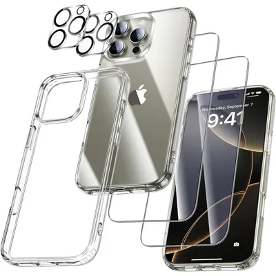 Obrázok produktu pre Obal na telefón 5 v 1 pre iPhone 16 Pro, priehľadný, s 2 ochrannými fóliami a 2 krytmi na fotoaparáty