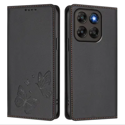 Produktbild von Lederhülle für Motorola Moto G67/Moto G77, Schmetterling Prägung Leder Brieftasche Schutzhülle mit Ständer Schwarz