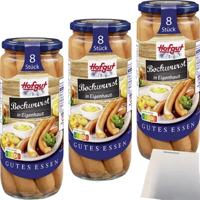 Produktbild von Hofgut Bockwürste in Eigenhaut 3er Pack (3x8/360g Glas) + usy Block