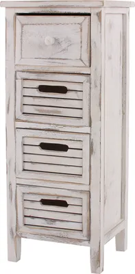 A tall, narrow chest of drawers with a distressed white finish.