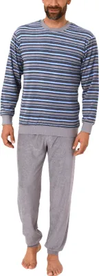 Produktbild von Eleganter Herren Frottee Pyjama langarm mit Bündchen in Streifenoptik - 291 101 13 576 ; grau/blau , 48