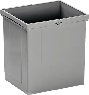 A gray plastic trash can insert with a double handle.