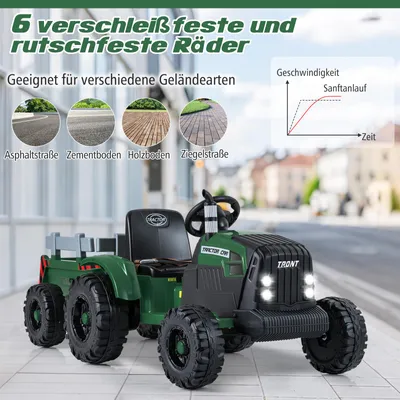 Produktbild von COSTWAY Elektro Traktor mit Anhänger, 24V Aufsitztraktor mit Fernbedienung, Musik, USB, Sanft-Start & LED, Elektrotraktor für Kinder 3+Dunkelgrün