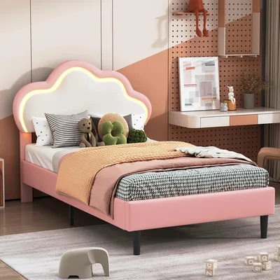 Obrázek produktu pro Dětská postel - Jednolůžko - Postel s LED osvětlením - Postel pro princezny - Postel do dětského pokoje - Rozměry 90x200 cm - Potah z umělé kůže (PU)