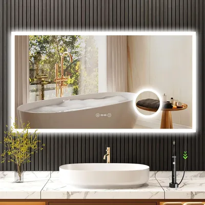 Produktbild von YOLEO Badspiegel mit Beleuchtung, Uhr, Temperatur, 3-fache Vergrößerung, Wandspiegel mit Steckdose, LED Anti-Beschlag, 3 Lichtfarben, 100 x 60 cm