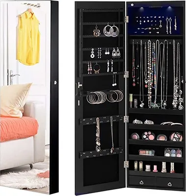 Produktbild von GOPLUS Schmuckschrank mit Spiegel Spiegelschrank mit LED Beleuchtung Schmuckregal hängend 120 cm hoch, für Ringe, Ohrringe, Halsketten, Armbänder