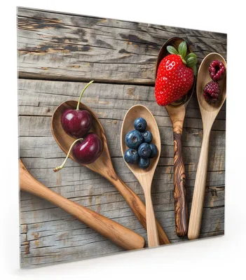 Produktbild von Küchenrückwand Spritzschutz Glas mit Motiv Holzlöffel mit Beeren 40 x 40 cm