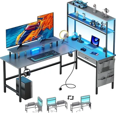 Produktbild von Gaming Tisch, 170 x 100 cm Eckschreibtisch mit 3 Steckdosen & 2 USB, Reversibel Gaming Schreibtisch L Form mit LED, Computertisch mit Schubladen & Monitorständer für Gaming, Home Office, Grau