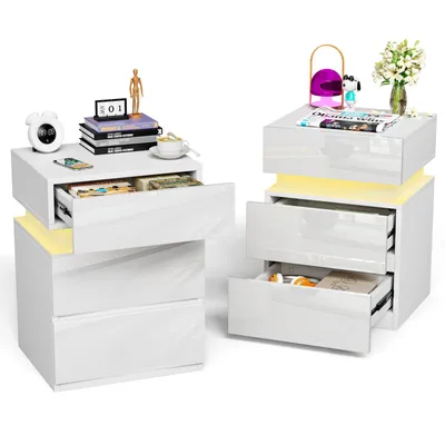 Produktbild von 2x Nachttisch,Nachtschrank mit LED Licht,Nachtkommode mit 3 Schubladen,Weiß Hochglanz Beistelltisch Sofatisch für Wohnzimmer,Schlafzimmer 35x40x55cm