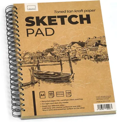 Produktbild von Lobome A4 Toned Tan Zeichenblock | 120 GSM Skizzenbuch mit 60 Perforierte Seiten für Helle und Dunkle Trockenmedien | 100% Recycelt Kraft Papier