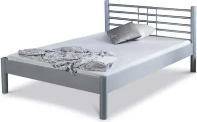 A silver-grey metal bed frame with a mattress and bedding.