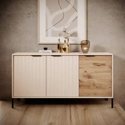 Productafbeelding van Kommode 150 cm Varo - Dressoir met drie deuren - Meubels van de fabrikant (Beige + Bruin)