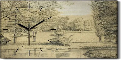 Produktbild von Wohnzimmer-Bild Leinwand Uhr Geräuschlos 60x30 Malerei Wald Bäume Wasser Kunst - schwarze Hände