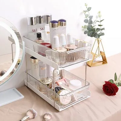 Produktbild von Zweischarnieriges Glas Umpackbarer Schminktisch Organizer Unter Waschbecken Organizer für Bad und Küche Schubladen Organizer Schrankkorb Organizer Vorratsraum Organizer