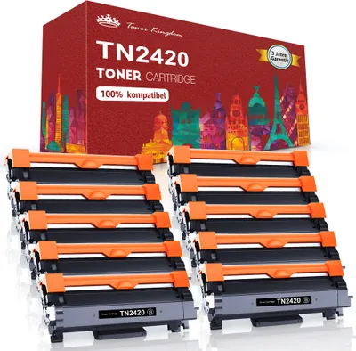 A box of toner cartridges with several cartridges stacked in front of it.