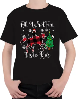 Produktbild von Oh What Fun Tis To Ride Weihnachten Pferd Rentier Buffalo Plaid Uni Kinder T-Shirt, Schwarz, 152