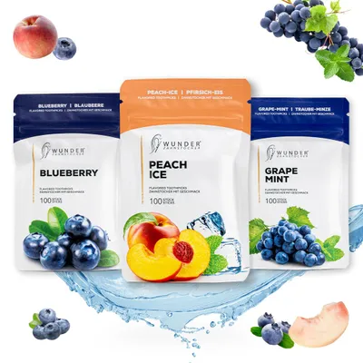Produktbild von Wunder Zahnstocher mit Geschmack - 3er Pack Fruit Crush - 3x 100 Stück - Nachfüllbeutel - Blaubeere Pfirsich Ice Traube Minze - frischer Atem - vegan