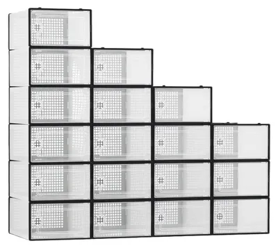 Obrázok produktu pre Krabice na topánky, balenie po 18 ks – úložné boxy – stohovateľné – z ABS plastu – prachotesné – obdĺžnikové – na topánky a tenisky – čierne