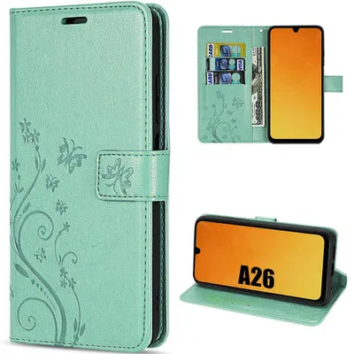 Image de Coque pour Samsung Galaxy A26 5G, Flip Case Cuir Synthétique Antichoc Anti-Rayures Motif Plante Papillon Vert