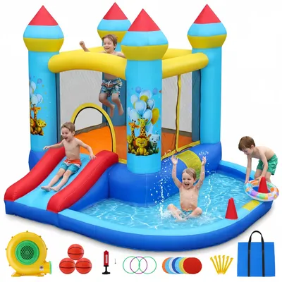 Produktbild von Hüpfburg mit Rutsche & Gebläse, 310x265x215 cm Aufblasbare Springburg 3-12 J., Ballpool, Basketballkorb, Wurfspiel, Indoor/Outdoor Garten Spielschloss