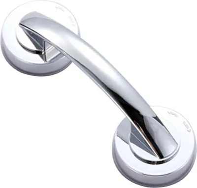 A chrome-plated bathroom grab bar with suction cup mounts.