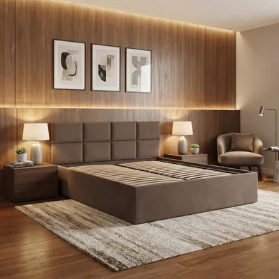Produktbild von Polsterbett BORGO 160x200 mit Holzlattenrost, Doppelbett ohne Bettkasten, stabiles Bettgestell Braun Samt