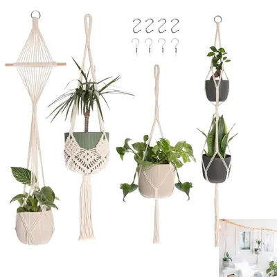 Produktbild von Handgewebte Hängende Blumenampeln 4er Set – Boho Hängepflanzen aus Baumwolle mit Haken für Zimmer, Balkon oder Fensterdeko