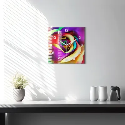 Produktbild von Wallfluent Wanduhr – Stilles Quarzuhrwerk - Uhr Dekoration Wohnzimmer Schlafzimmer Küche - Zifferblatt - weiße Zeiger - 30x30 cm - Regenbogenrose