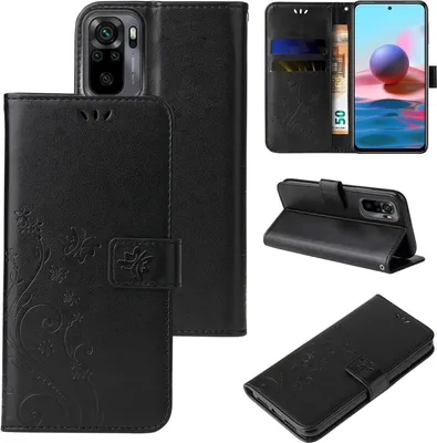 Produktbild von Handyhülle für Xiaomi Redmi Note 10 Floral Blumen Schmetterling Flip Cover Hülle Case Klapphülle Handytasche Farbe: Schwarz