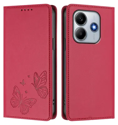Produktbild von Lederhülle für Xiaomi Redmi Note 14 4G, Schmetterling Prägung Leder Brieftasche Schutzhülle mit Ständer Rot