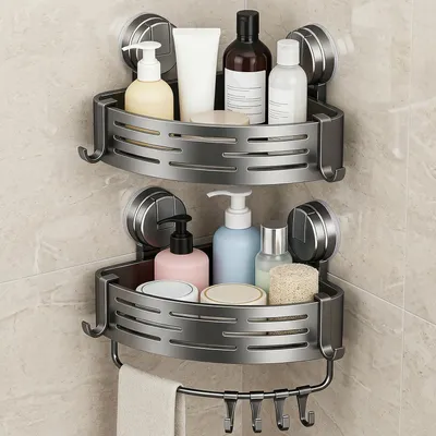 Produktbild von Duschablage ohne Bohren mit starken Saugnäpfen - Duschablage - Eck-Saugnapf - Badezimmerregal - Wandmontierte Duschablage mit Handtuchhalter - Eckregal
