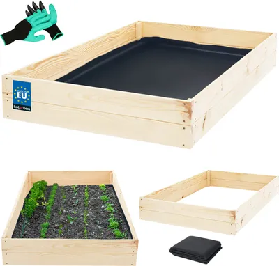 Produktbild von KOTARBAU® Tiefbeet Blumenkasten aus Holz 120x100x18cm Pflanzkästen Naturfarbe Hochbeet Kräuterbeete Pflanzkübel groß Anzuchtbeet Hochbeete für garten Gemüsezucht Gemüsekiste + Handschuhe mit Krallen