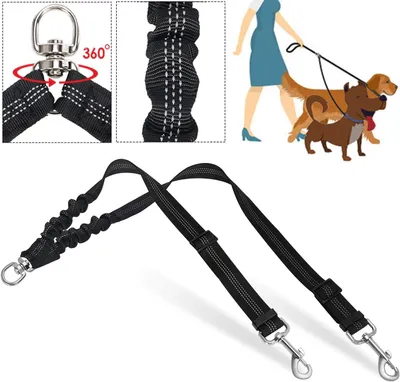 Produktbild von Doppel-Hundeleine,keine Verwicklungen,Doppel-Leine-Hundelauftraining,360-Grad-Drehung,reflektierend,verstellbare Länge,doppelte zwei Hundeleinentrenner,bequeme stoßabsorbierende Bungee-Leine