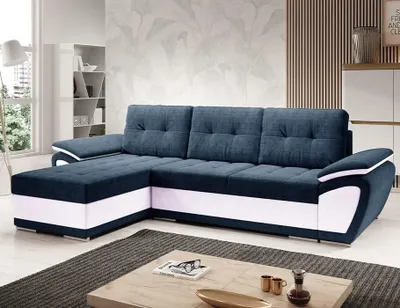 Produktbild von Easy4You ENZO Marineblau/Weiß Ecksofa L-Form Links 268 x 97 x 157 cm mit Schlaffunktion und Stauraum - Schlafsofa mit Bettkasten - Moderne Wohnzimmermöbel – Stoff: SORO 76 + SOFT 17