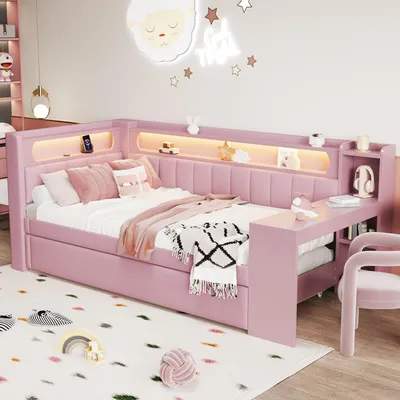 Produktbild von Flieks Jugendbett mit Led und Usb, Tagesbett Einzelbett mit Regal, Holzbett Klassisches Bett mit Schreibtisch und Ausziehbett, Kinderbett Rosa