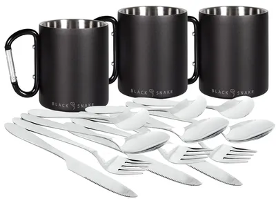 Produktbild von Edelstahl Thermobecher mit Karabiner & Camping Essbesteck Set für 1-4 Personen