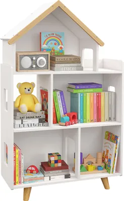 Image de šŠtagššre de rangement pour jouet enfant et livres forme de maison 3 niveaux  65 x 25 x 108,5 cm blanc et naturel