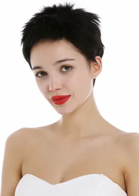 Produktbild von WIG ME UP Perücke Echthaar Damen Herren kurz fransig Pixie Igel Schwarz M276 HH-1