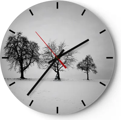 Produktbild von Wanduhr - Rund - Glasuhr - Winter Bäume Schnee - 30x30cm - Schleichendes Uhrwerk - Lautlos - zum Aufhängen bereit - Dekoration Modern - Wanddekoration aus Glas - C3AR30x30-4958
